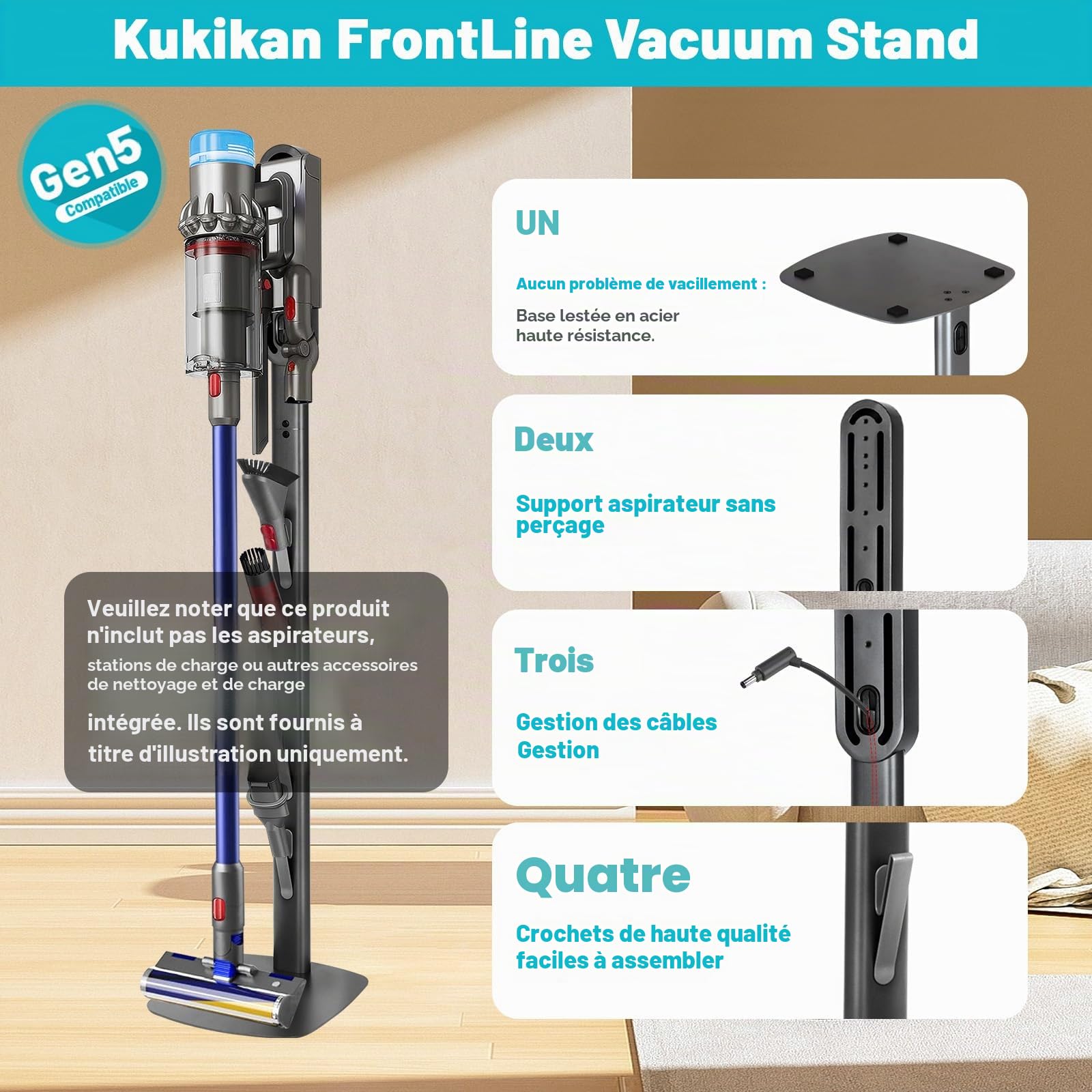 FrontLine Support pour aspirateur Dyson Gen5 V8 V15 V12 V11 V10 V7 V6, rangement mural stable en métal sans perçage, organiseur peu encombrant avec 4 crochets pour aspirateur sans fil Dyson et