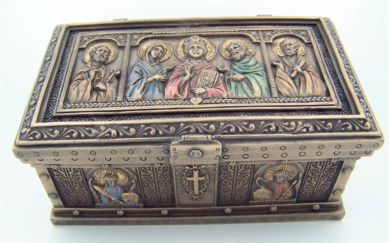 US Cold Cast Bronze 4 7/8 Inch Jes Christ Saint Peter St Paul Icon Relic Rosary Trinket Box