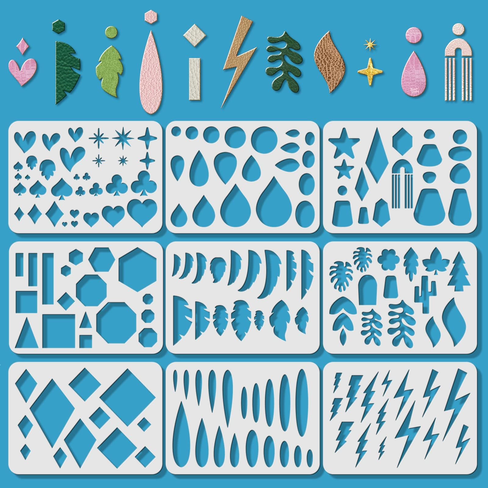 ORIGACH 9 Pcs Large Reusable Earrings Making Template Leather Earring Templates, Plastic Cutting Stencil with Differnt Patterns for Earrings Necklace Making Jewelry Crafts