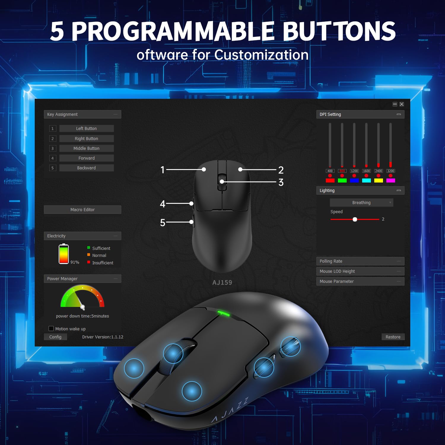 AJAZZ AJ159P Superlight Ratón de Juego Inalámbrico con Muelle de Carga Magnética, Ultra Luz 56G, Pixart Paw3395 Sensor, 26000 DPI, 2.4GHz/USB-C Cableado, 6 Botones Programables, para PC/Mac (Negro)