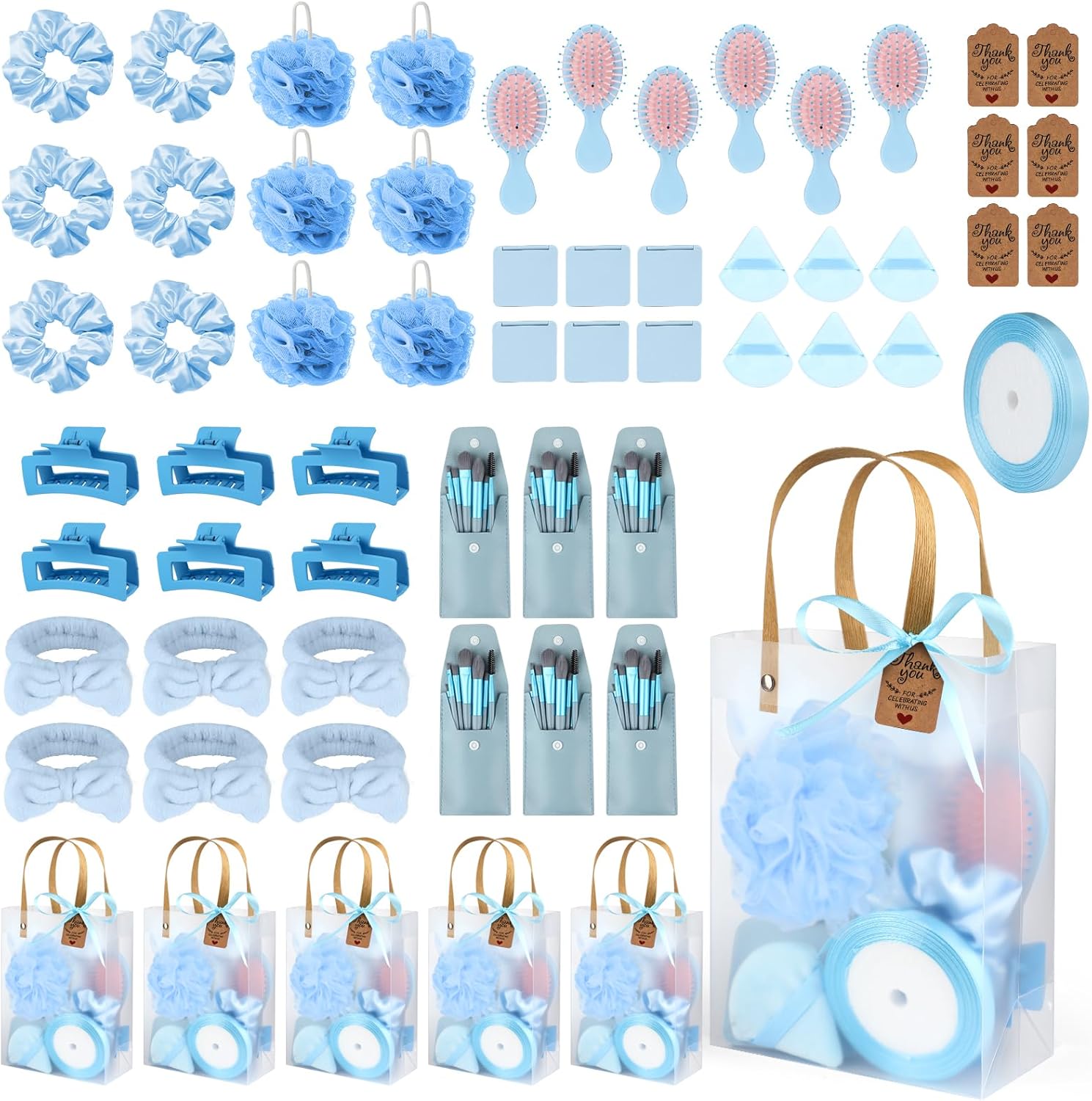 109pcs Baby Shower Prizes for Winners Gifts Baby Shower Favors including Headband Hair Brush Compact Mirror Bath Sponges Powder Puff Hair Tie Claw Makeup Brushes Gift Bag Bridal Shower(Blue)
