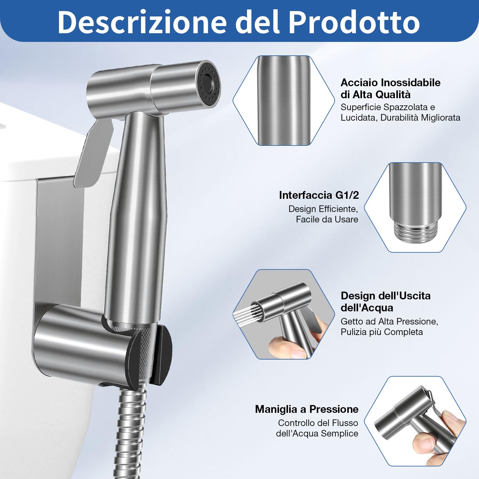 Set Doccetta per Bidet, Idroscopino per WC con Tubo Flessibile da 1,5m, Supporto & Adattatore, Facile da Installare (Argento)