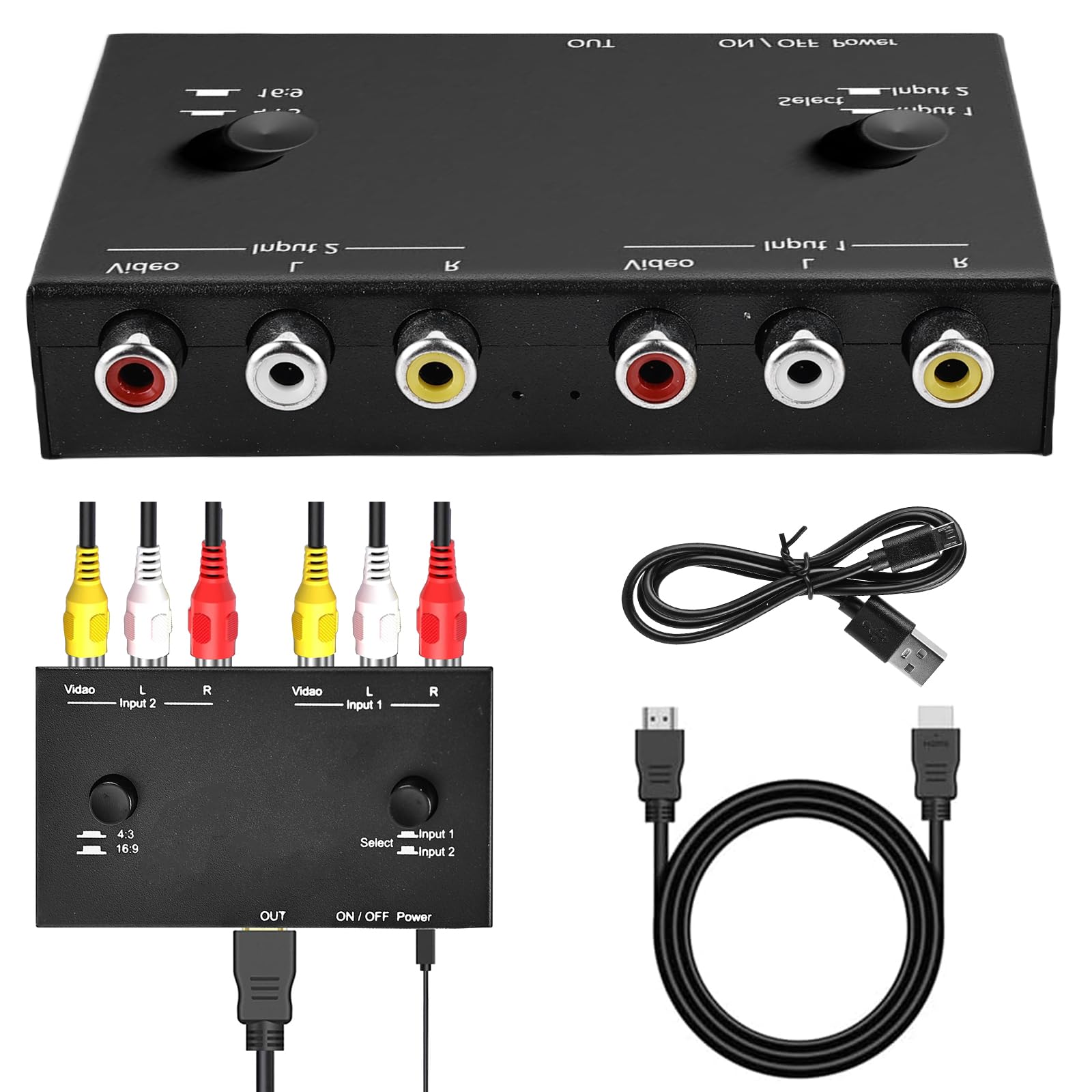 HOSPAOP Convertidor RCA a HDMI - Adaptador Dual AV, Compatible Con 1080P 60Hz, 16:9/4:3 Para WII/N64/PS1/PS2/PS3/STB/Xbox/VHS/VCR/DVD y Más