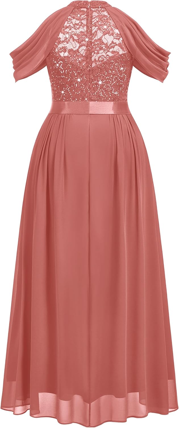 MISSMAY Women's Plus Size Dress Sequin Lace Halter with Cape Sleeves Evening Formal Maxi Dress - Image 6