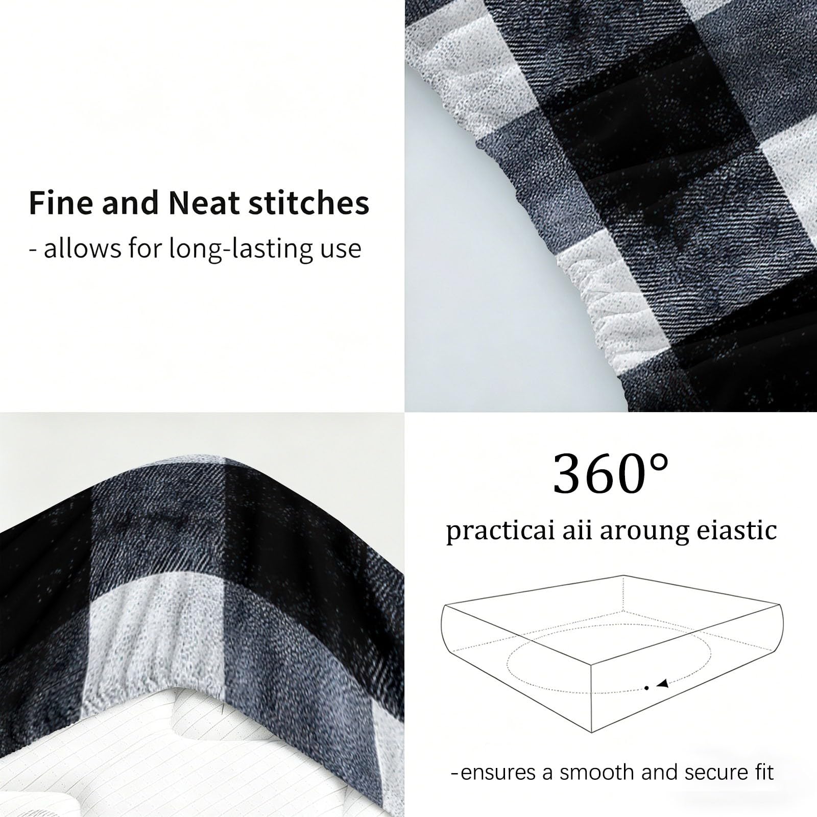 Spannbettlaken Modern Bettlaken 160 x 200 cm Weiche Atmungsaktive Mikrofaser - Schwarz Geometrie Karomuster Karo Spannbetttuch für Boxspringbett & Wasserbett Schlafzimmer Dekor, Steghöhe 30 cm