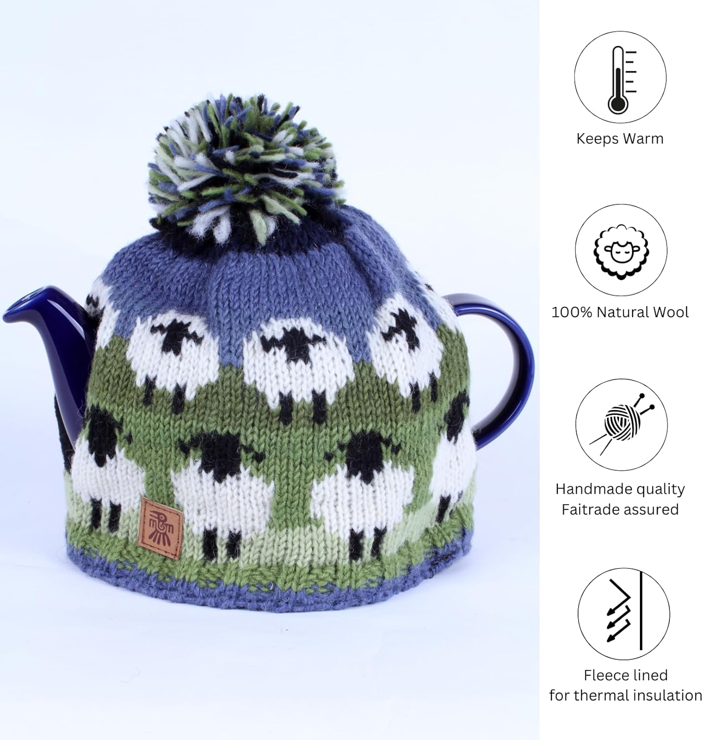Pachamama Handknitted Medium 4-6 Cup 1.2L Wool Tea Cosy/Teapot Cover - Sheep Pattern Insulated Handmade Fair Trade Multicoloured