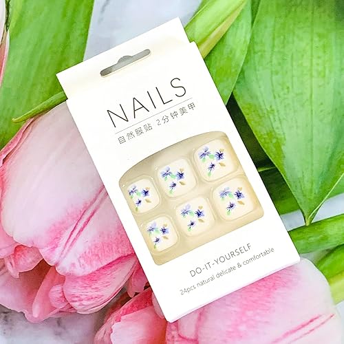 Miniatura 6 de Vezocim Uñas postizas a presión con diseños de flores de orquídea, 24 uñas postizas cortas artificiales azules, uñas postizas acrílicas de cobertura