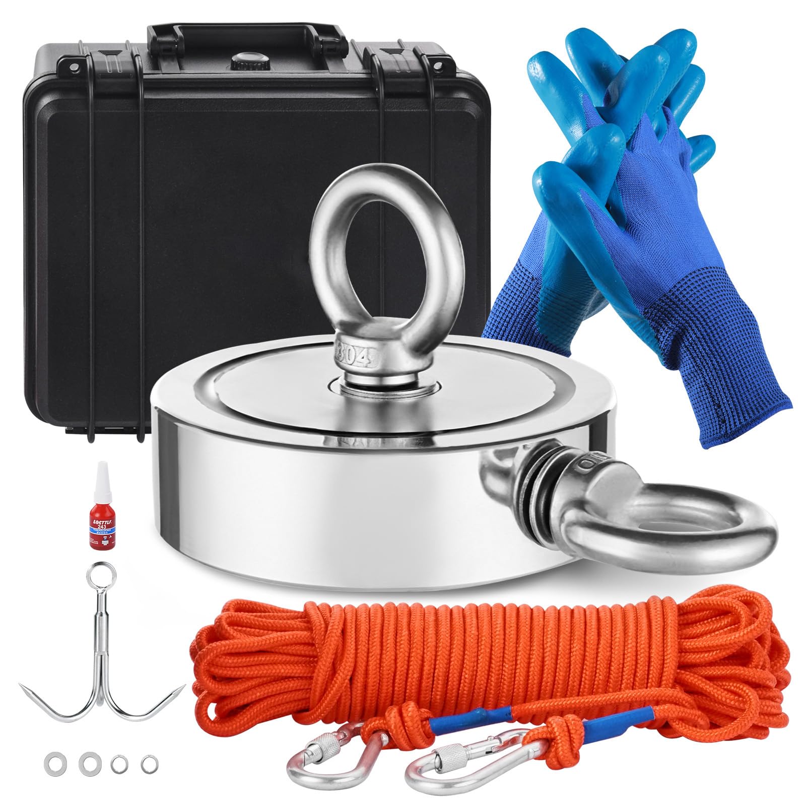 Happybuy Magnet Fishing Kit, 1400 LBS/635 Kg Double-Sided Pulling Force Magnet Fishing Kit, Rare Earth Neodymium Magnetic Fishing Kit Includes Grappling Hook, Heavy Duty Rope, Gloves