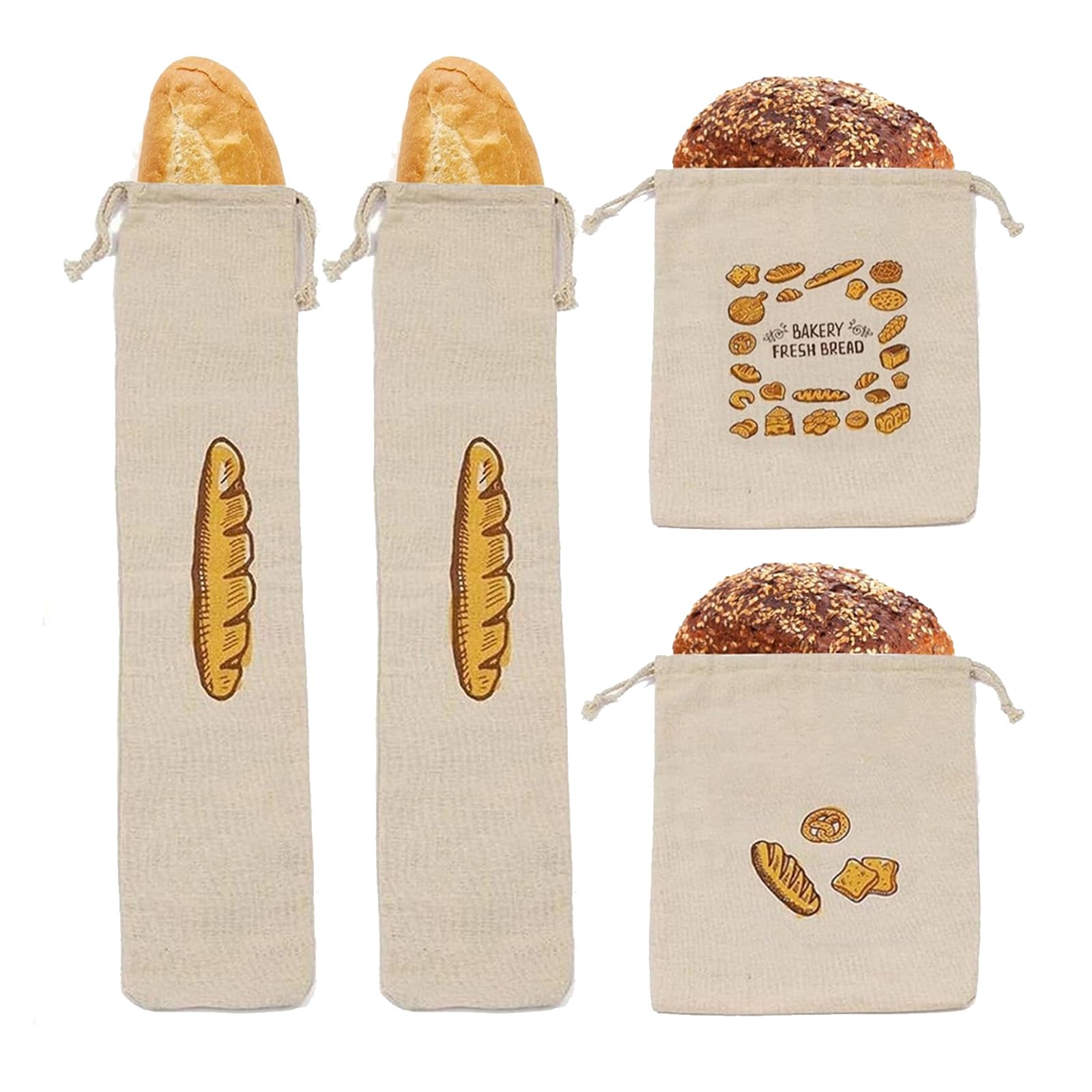 ANNUOZE 4PCS Bread Bags for Homemade Bread, Homemade Bread Storage Bags, Reusable Storage Bag with Drawstring, Linen Bread Bags for Sourdough, Bread Storage