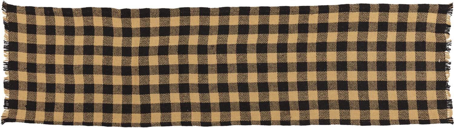 VHC Brands Burlap Black Check Runner Fringed 13x48 Country Rustic Kitchen Tabletop Design, Black and Tan (Pack of 2)