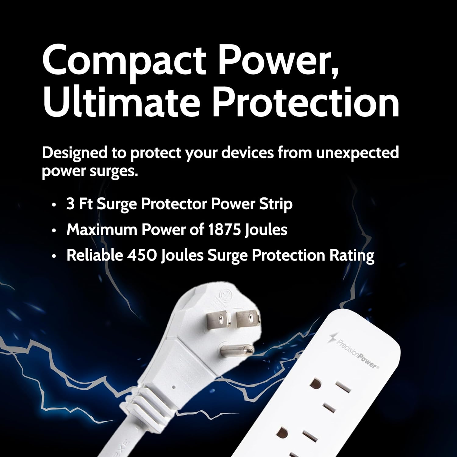 Precision Power Flat Plug Surge Protector Extension with 3 feet Cord – Compact Heavy Duty Power Strip & Flat Plug with 3 AC Outlets, 3 USB Ports for Home and Office