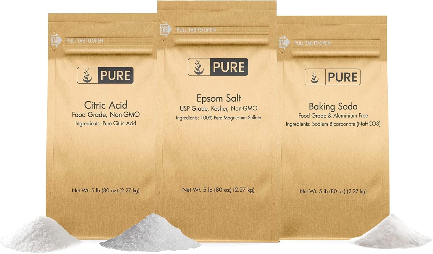 Pure Original Ingredients Baking Soda, Citric Acid, and Epsom Salt 5lb Bundle