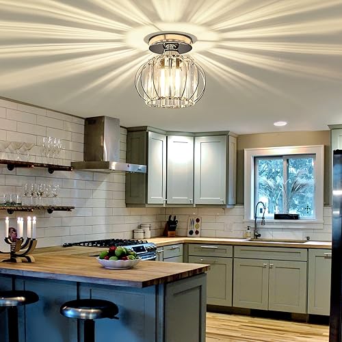 Miniatura 8 de YYJLX Moderna lámpara de techo semiempotrada E26 Mini candelabro de cristal cromado pequeña lámpara de techo para entrada, dormitorio, baño,