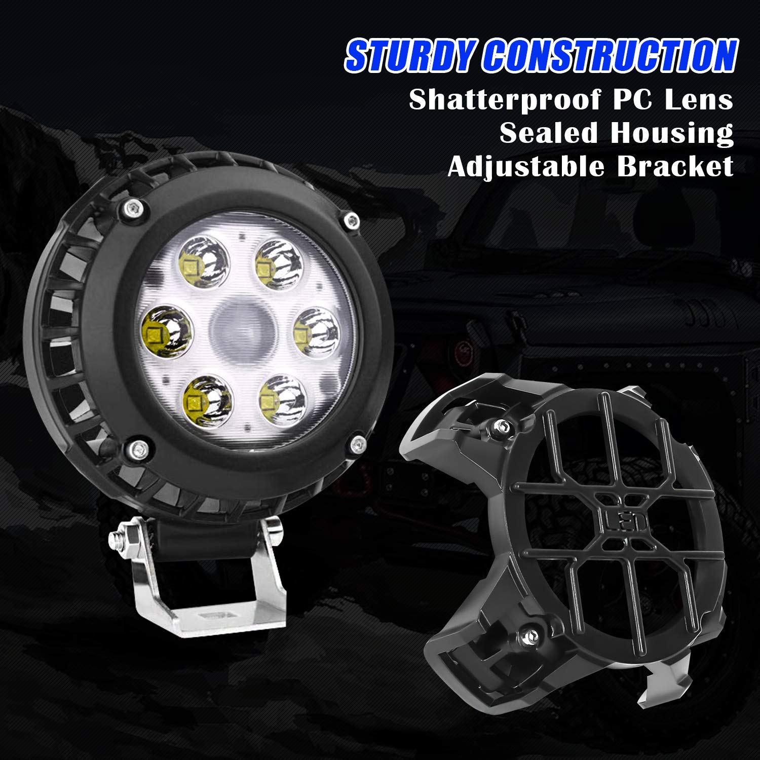 Aaiwa LED Light Pods, Round LED Work Light, 4 INCH Off Road Light Bar 2PCS 60W 5600LM with Blue Atmosphere Light, Driving Fog Lights for Truck SUV Boat