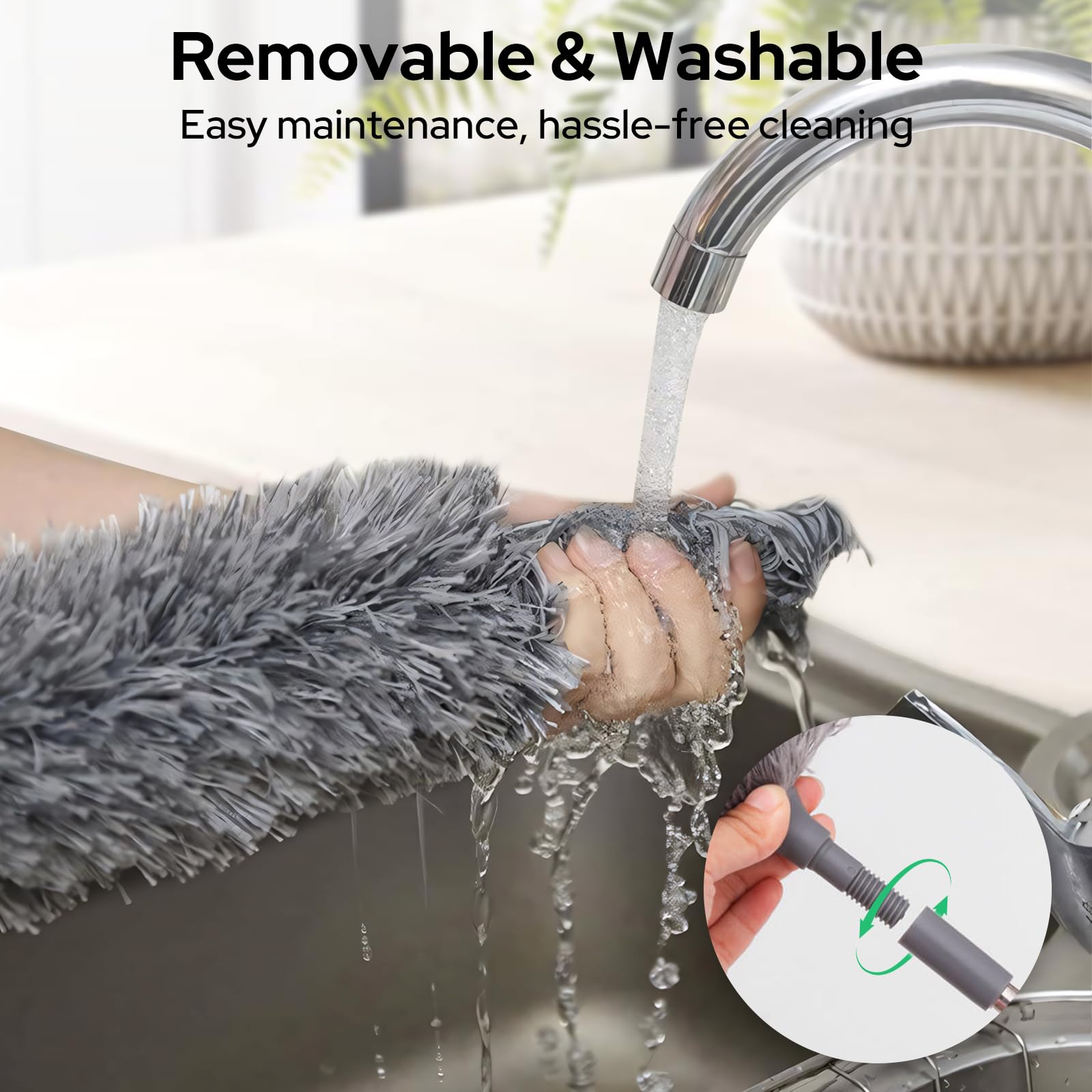Plumero Atrapapolvo, Plumero Extensible hasta 280 cm, [Atrae el Polvo y Lavable] Plumero Microfibra con Cepillo para Limpiar Ranuras, para Techos, Coches, Limpieza del Hogar