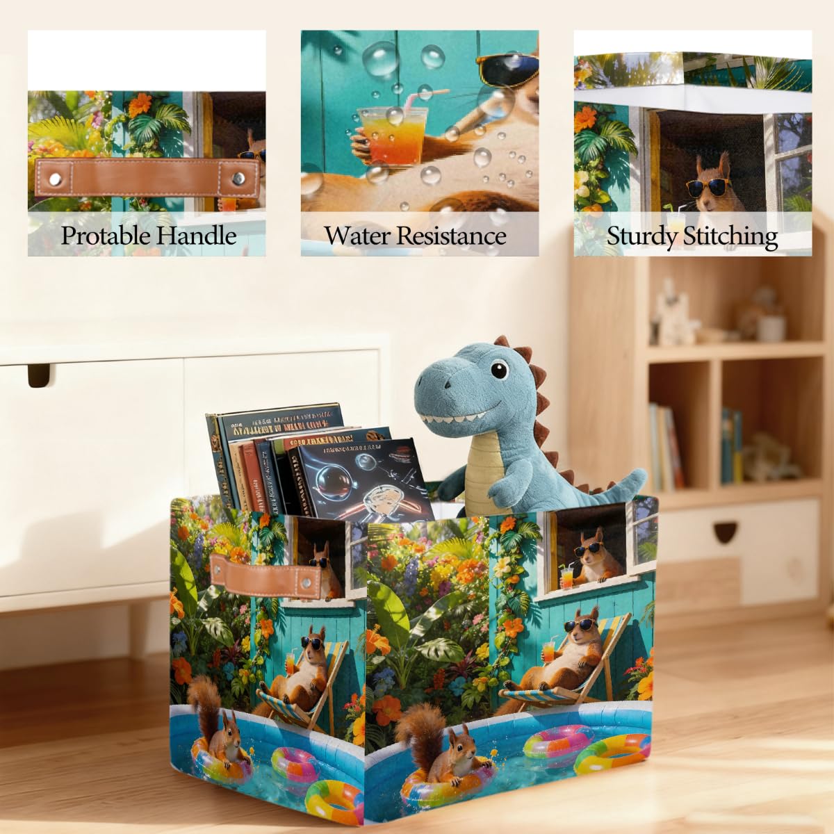 Lustiger Sommer-Eichhörnchen-Aufbewahrungskorb mit Ledergriffen, faltbarer Stoff-Aufbewahrungskorb für Schrank, Badezimmer, Wohnzimmer, Büro, Spielzeug, Organizer, Wäschekorb, 2 Stück