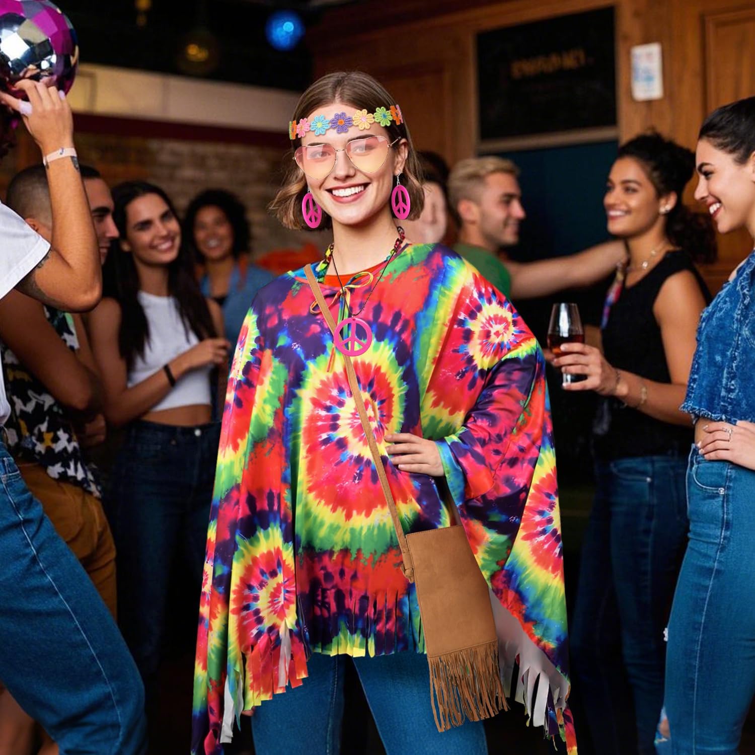 MOVINPE 70s Hippie Costume for Women Accessories Set, Tie Dye Poncho Fringe Bags Flower Crowns Headbands Sunglasses Peace Sign Necklace Earrings 60s Costume Halloween Retro Outfit - Image 6