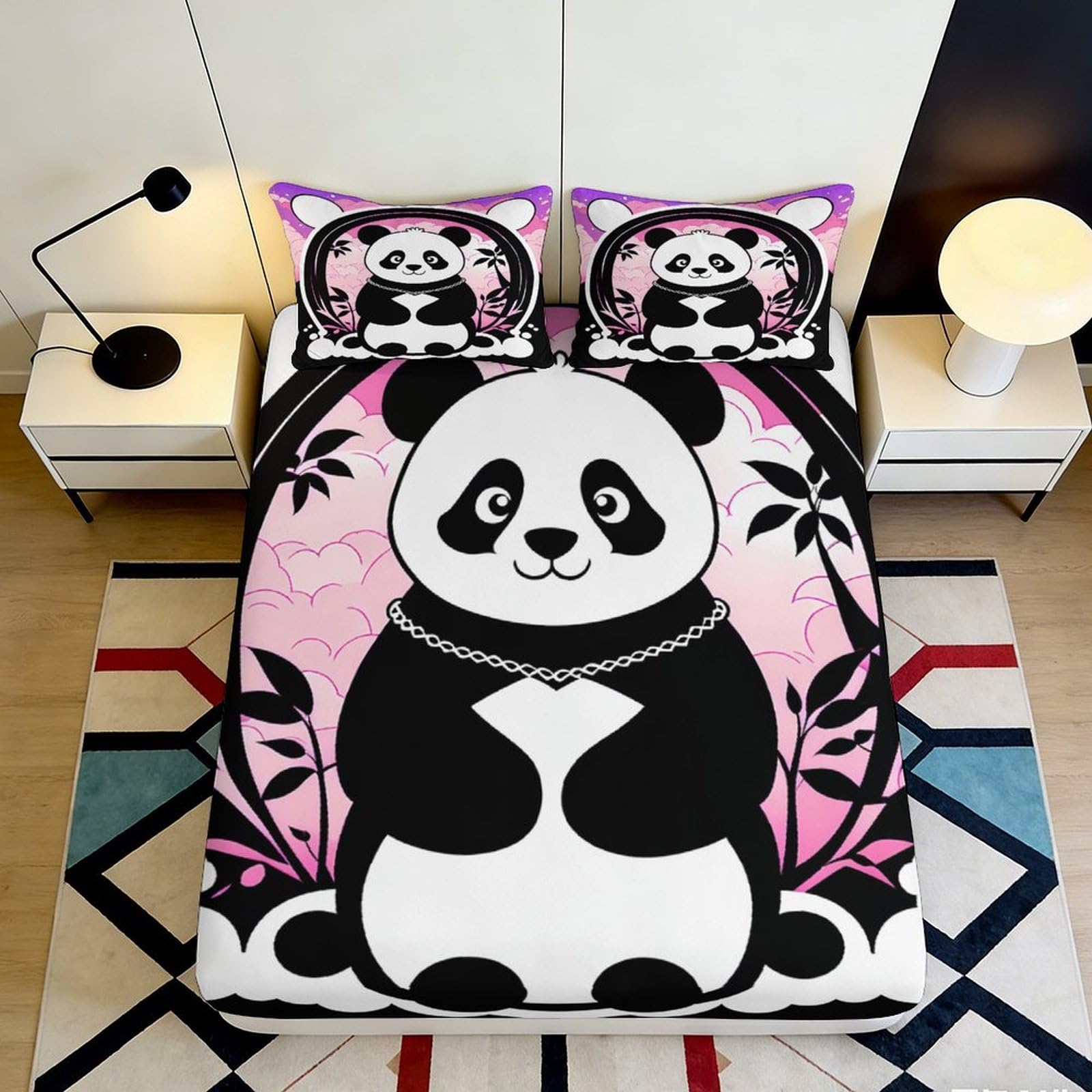 3D Printed Cute Panda Fitted Sheet Microfiber Soft Pink Bamboo Cartoon Bed Cover for Bedroom Dorm Mattress Decor 180x200x25cm