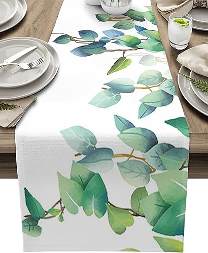 Camino de mesa botánico para primavera y verano, aniversario, plantas tropicales, hojas, rama, vegetación, vacaciones, color verde azulado, mesa