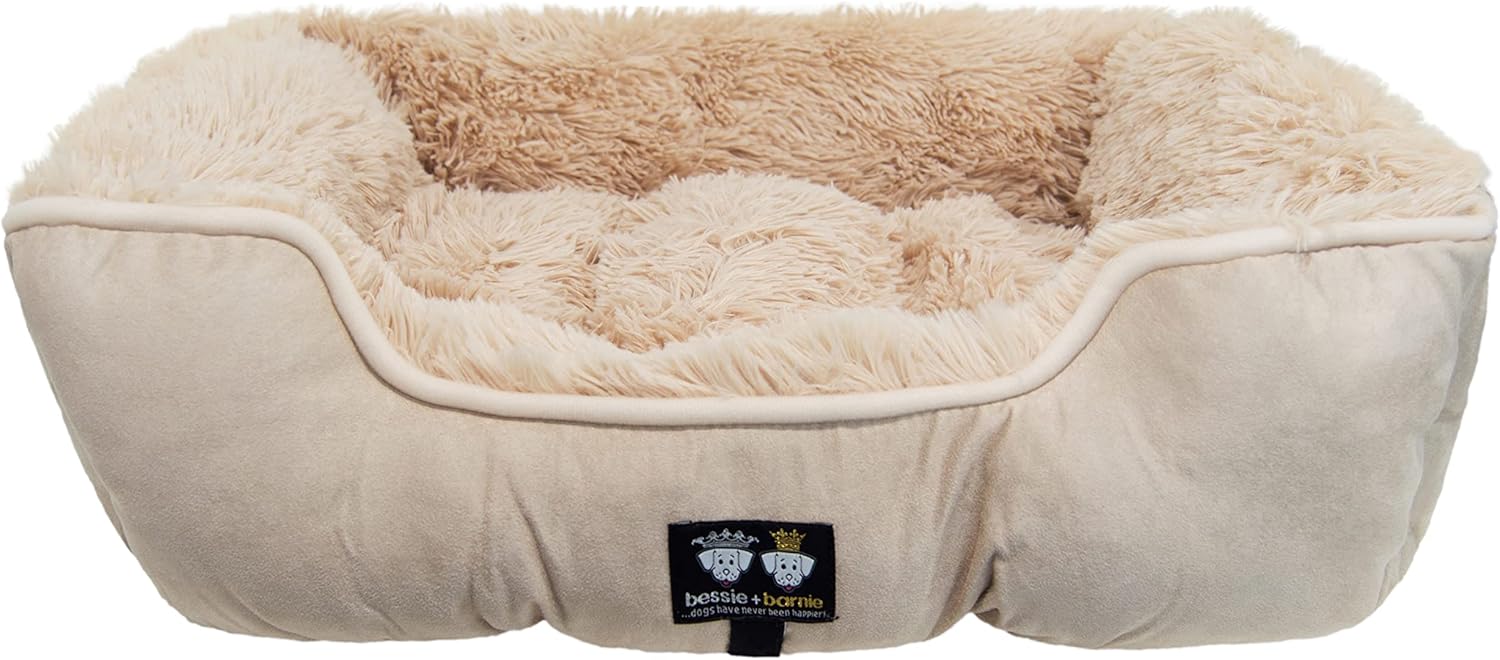 review Bessie + Barnie Bolster Dog Bed - Extra Plush Faux Fur Dog Bed - Rectangle Soft Dog Bed - Calming Dog Bed - Durable and Washable, Bolster Beige, L - 42