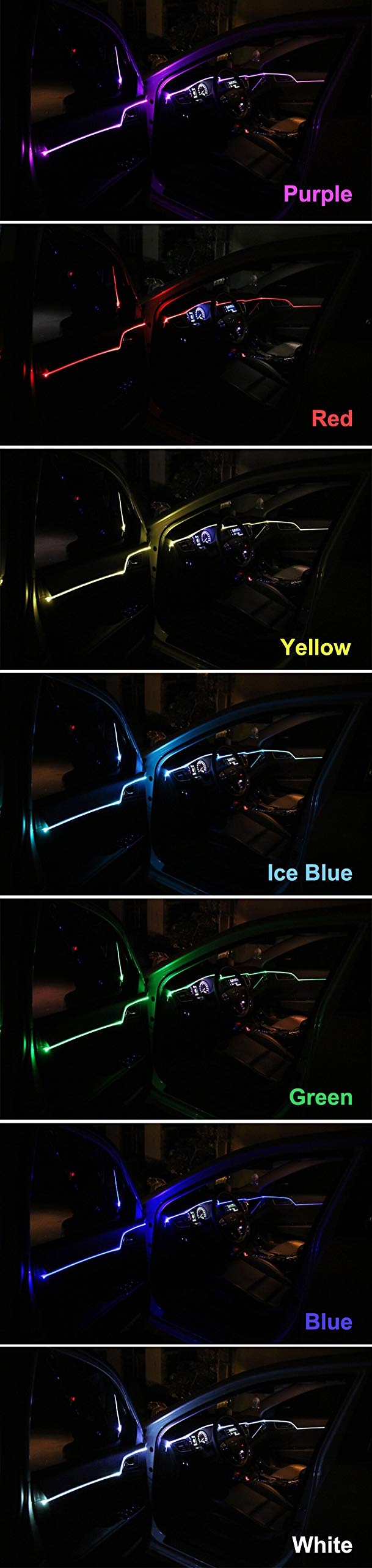 RGB wielokolorowe oświetlenie wnętrza, 6 m, listwa świetlna do tapicerki drzwi, przestrzeni na nogi, konsola środkowa ze sterowaniem aplikacją Bluetooth (4 moduły)