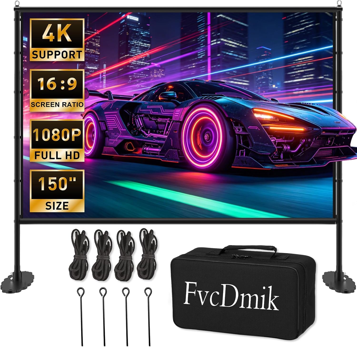 150 Zoll Projektor-Leinwand mit Ständer, 16:9 4K HD tragbare Outdoor-Filmleinwand, faltenfrei, faltbar, Innenprojektionsleinwand mit Tragetasche & Bodennägeln für Hinterhofkino Heimkino