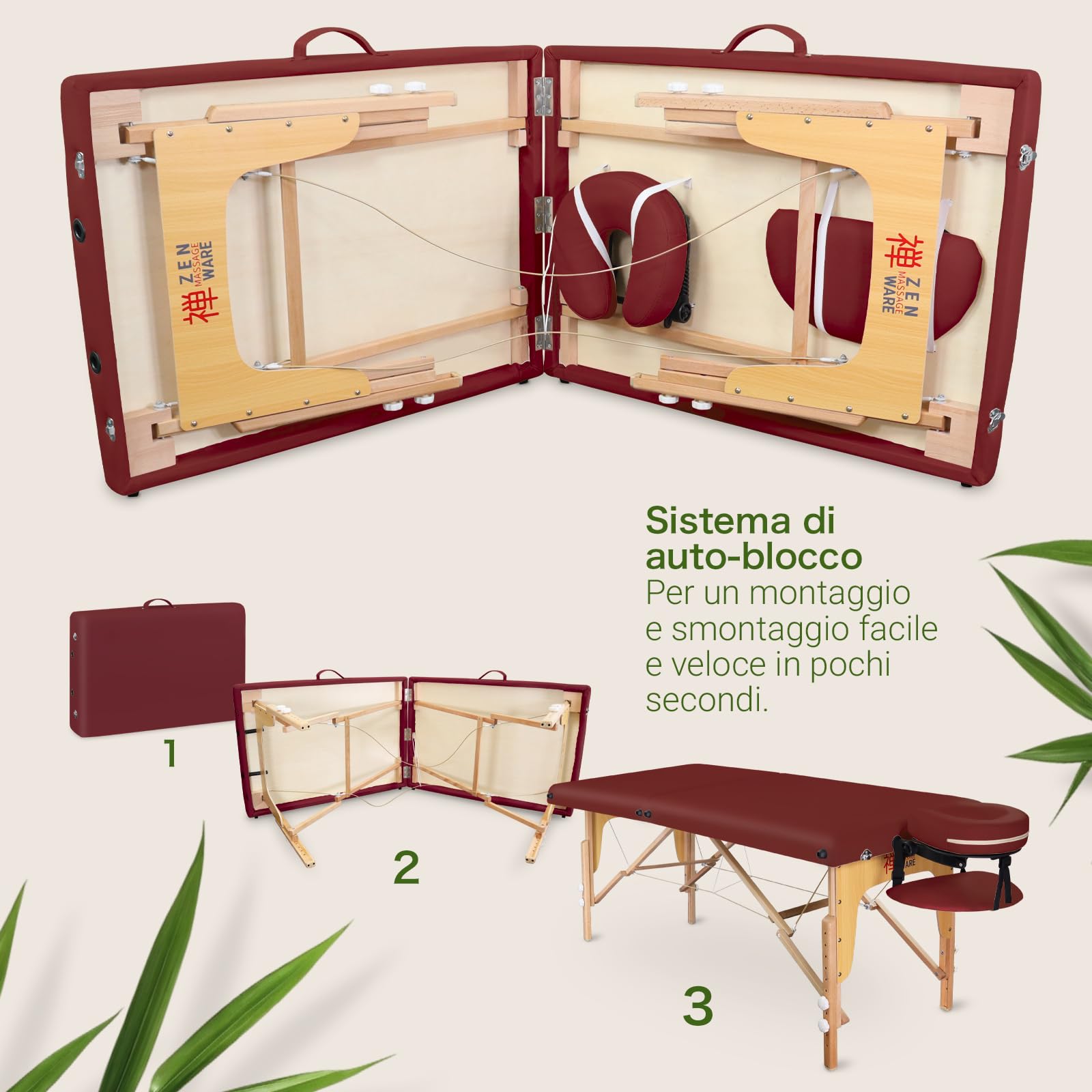 ZEN - Lettino massaggio mobile StartUp pieghevole & regolabile - tavolino massaggio legno massiccio stabile - panchina massaggio con poggiatesta, braccioli e borsa da trasporto regolabili (bordeaux)