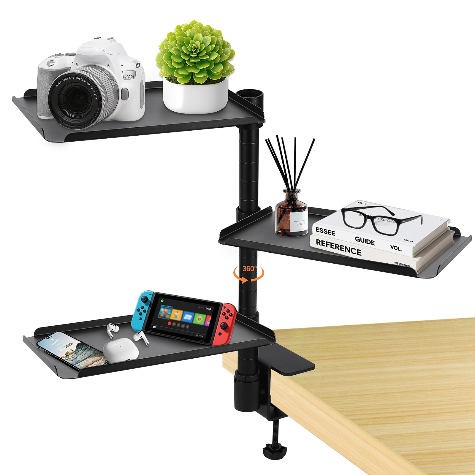 Photo 1 of FBOAZI 3 Tier Clamp On Desk Shelf,360° Rotatable Adjustable Above or Under Desktop Organizer,Carbon Steel Storage Tray for Home Office and Gaming Accessories?Black?