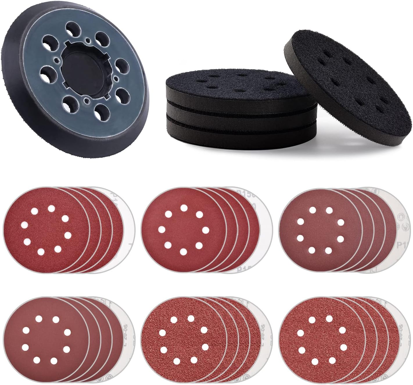 5 inch DeWalt DWE6423/6423K, DWE6421/6421K, DCW210B Random Orbital Sander Replacement Pad with 5 inch 8 Hole Hook Loop Foam & Sanding Backing Pads Sanding Discs Include 100/150/180/240/320/400 Grit