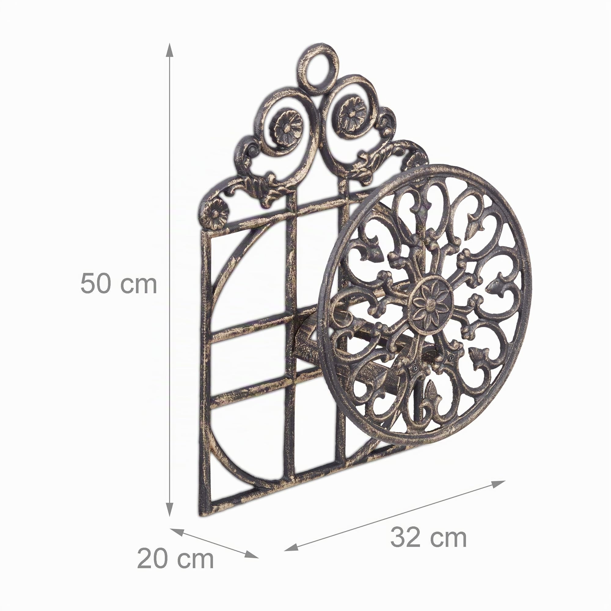 Relaxdays Portatubo da Giardino, Stile Antico, in Ghisa, Sella Porta Tubo da Parete, Vintage, HLP 50x32x20 cm, Bronzo