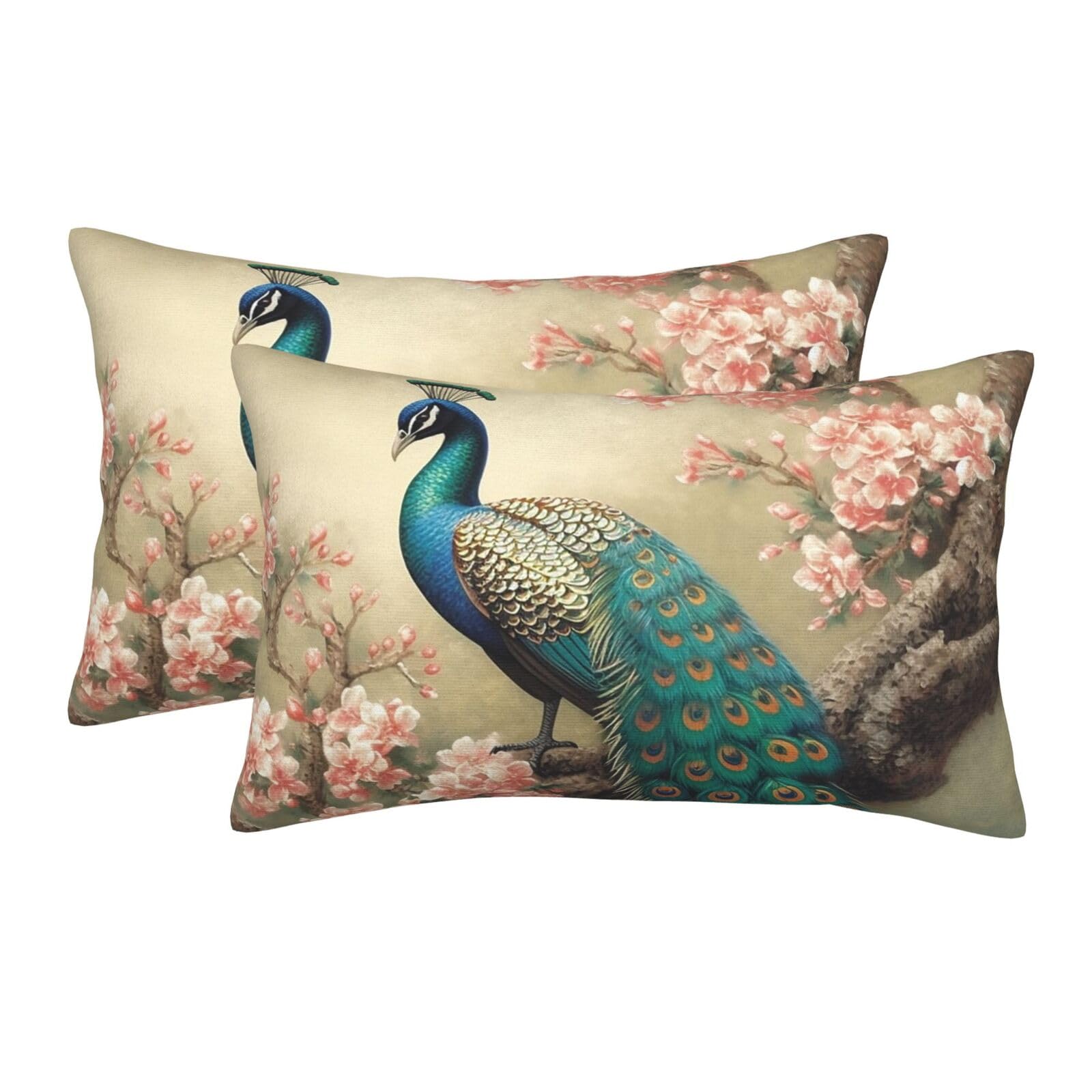 2 Pack Standard Size Pillow Cases for Hair and Skin Soft Breathable Pillow Case Covers with Hidden Zipper Oriental Peacock Pillowcase 16"x24" Pillow Cover for Sleeping Gift
