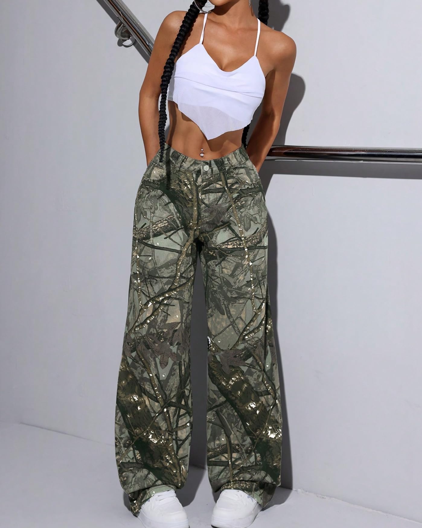 EZAPINE Cargohose für Damen, Camouflage, niedrige Taille, weites Bein, Jeans, schmale Passform, Sweatpants mit Taschen