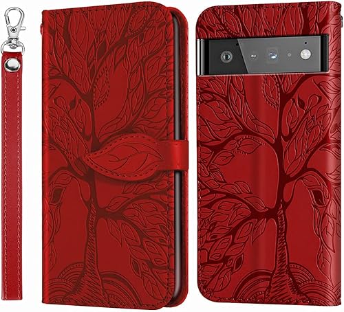 MEUPZZK Funda tipo cartera para Pixel 6 5G, piel sintética de alta calidad con diseño de árbol en relieve, función atril, ranuras para tarjetas,
