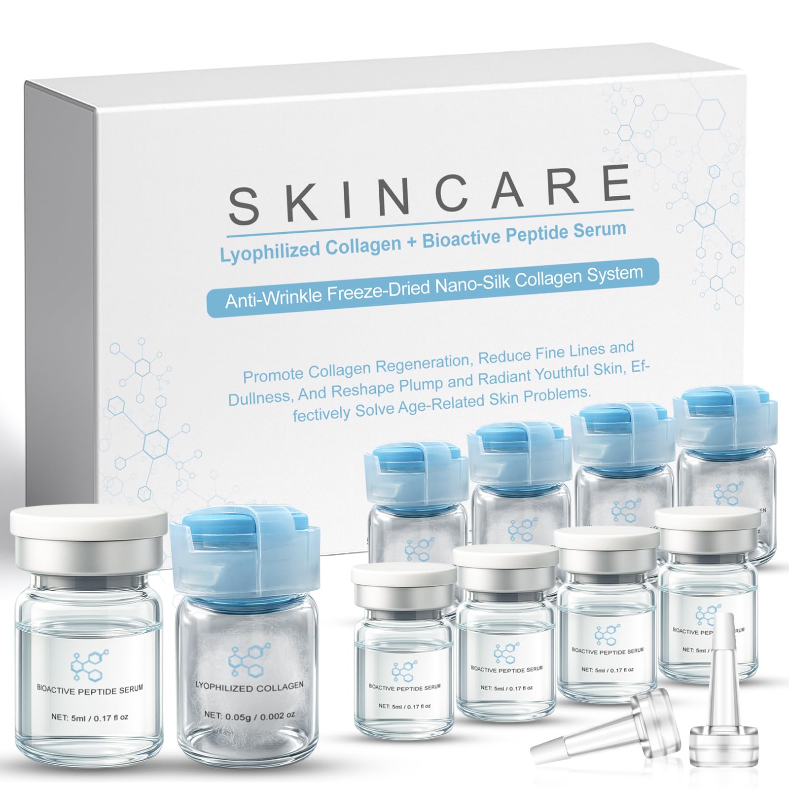 Noviqo Freeze Dried Collagen for Face, Lyophilized Collagen Silk + Bioactive Peptide Serum Set with Anti-Wrinkle Activating Serum, Skin-Firming Anti-Aging Face Ampoule, Suitable for Skin Care (1 Box)