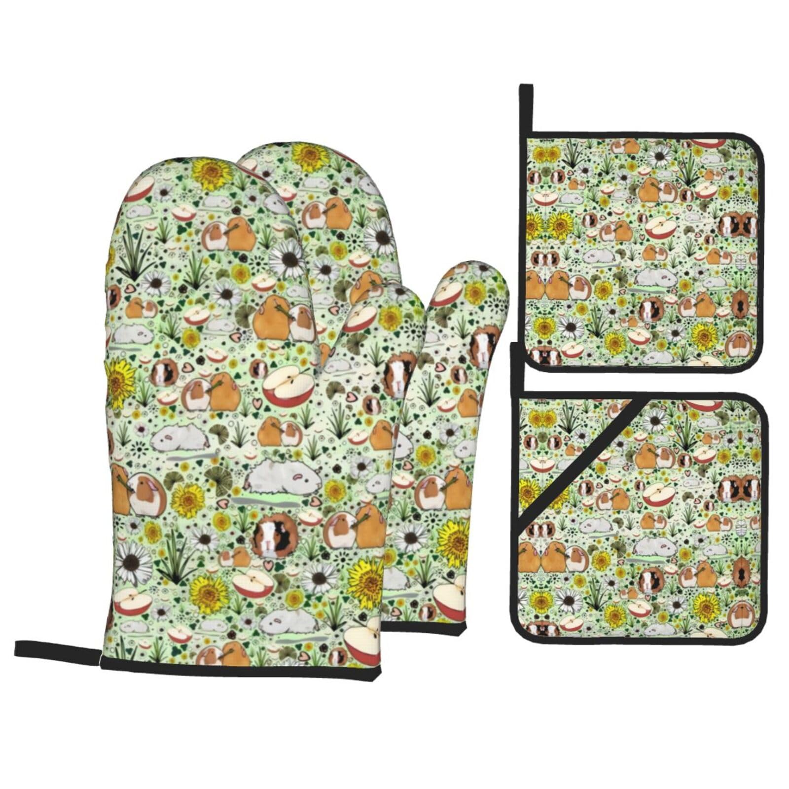 WHJSHOP guinea pig Prints Kitchen Baking Throw Set with Heat Resistance, Waterproof Oven Mitts & Pot Holders for Cooking, Grilling & Handling Hot Dishes