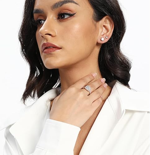 Miniatura 2 de MDFUN Anillo de compromiso para mujer, chapado en oro blanco de 18 quilates, con circonia cúbica, halo, promesa de eternidad