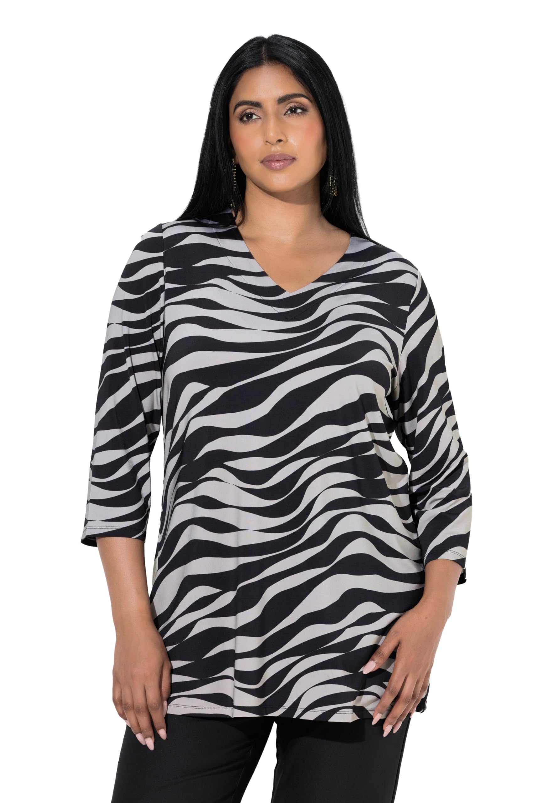 Ulla Popken Damen große Größen Übergrößen Plus Size Slinky-Shirt, Wellen, A-Linie, V-Ausschnitt, 3/4-Arm 846926