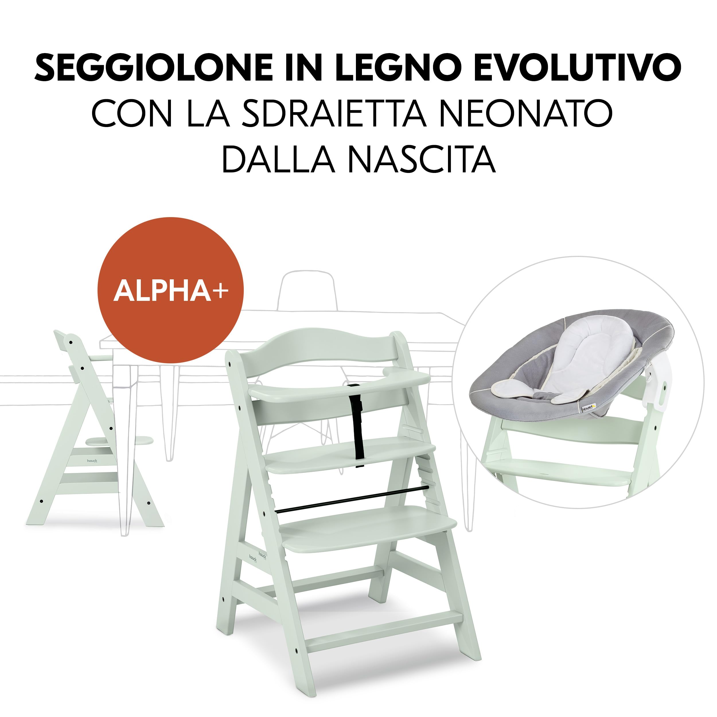 hauck Seggiolone Pappa Alpha Plus Newborn - Sediolone Pappa Bimbi con Sdraietta Neonati Dondolo e Cuscino - Seggiolone Evolutivo Legno - (Classic, Menta)