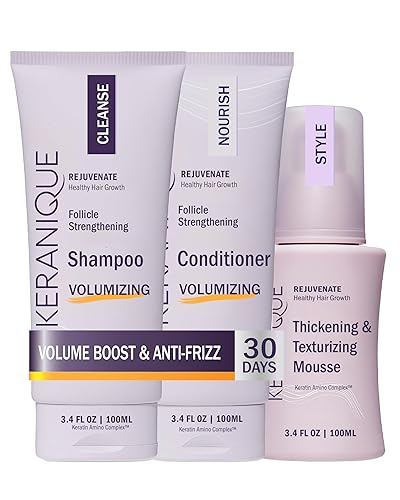 Keranique Juego de champú y acondicionador voluminizador con mousse espesante, kit de volumen enriquecido con queratina para cabello fino, dañado y