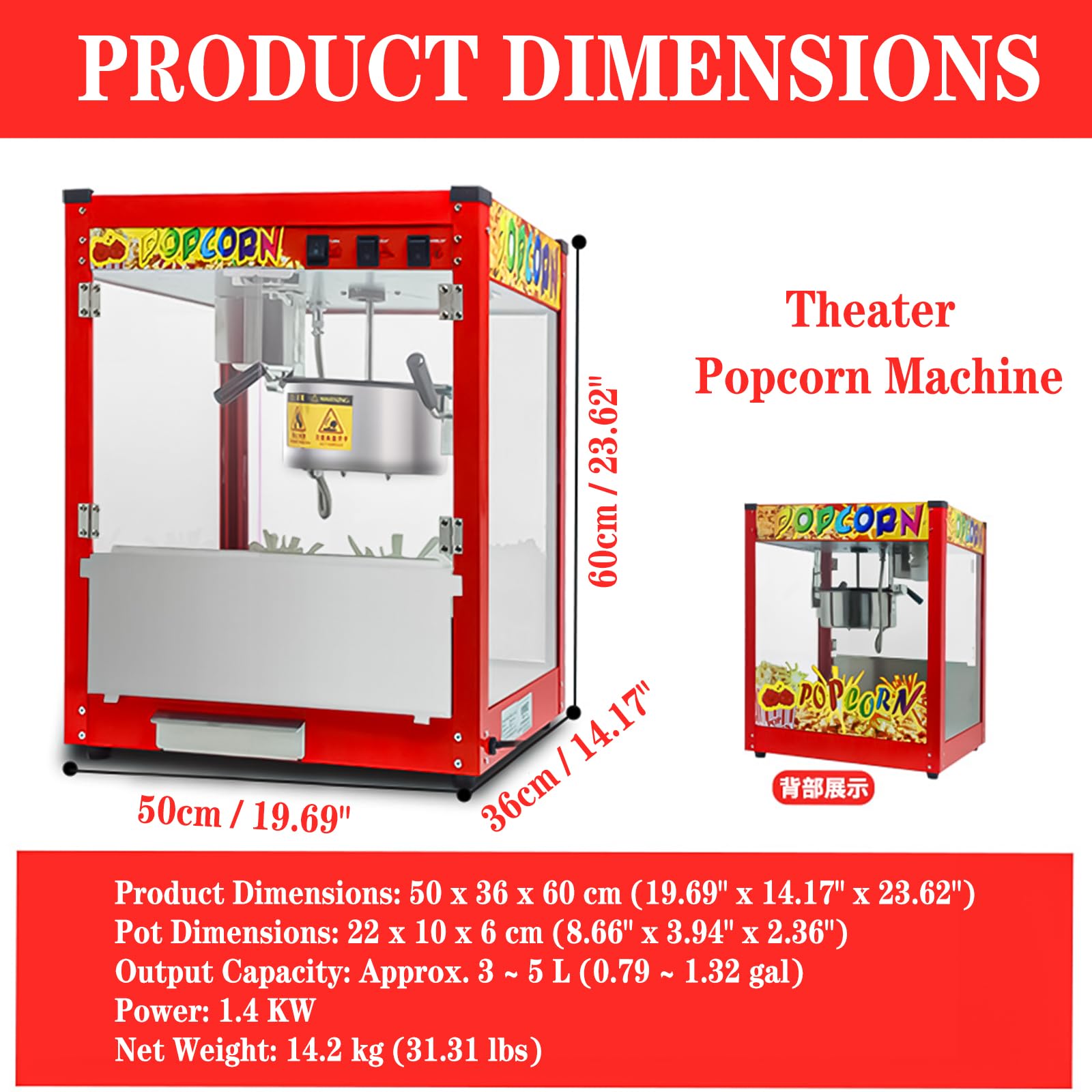Máquina Comercial de Palomitas de Maíz con Caldero de 10 Oz y Luz de Calentamiento, 1400W, para Hogar, Cine y Negocios, Estilo Cine con Control de 3 Interruptores Flat-top