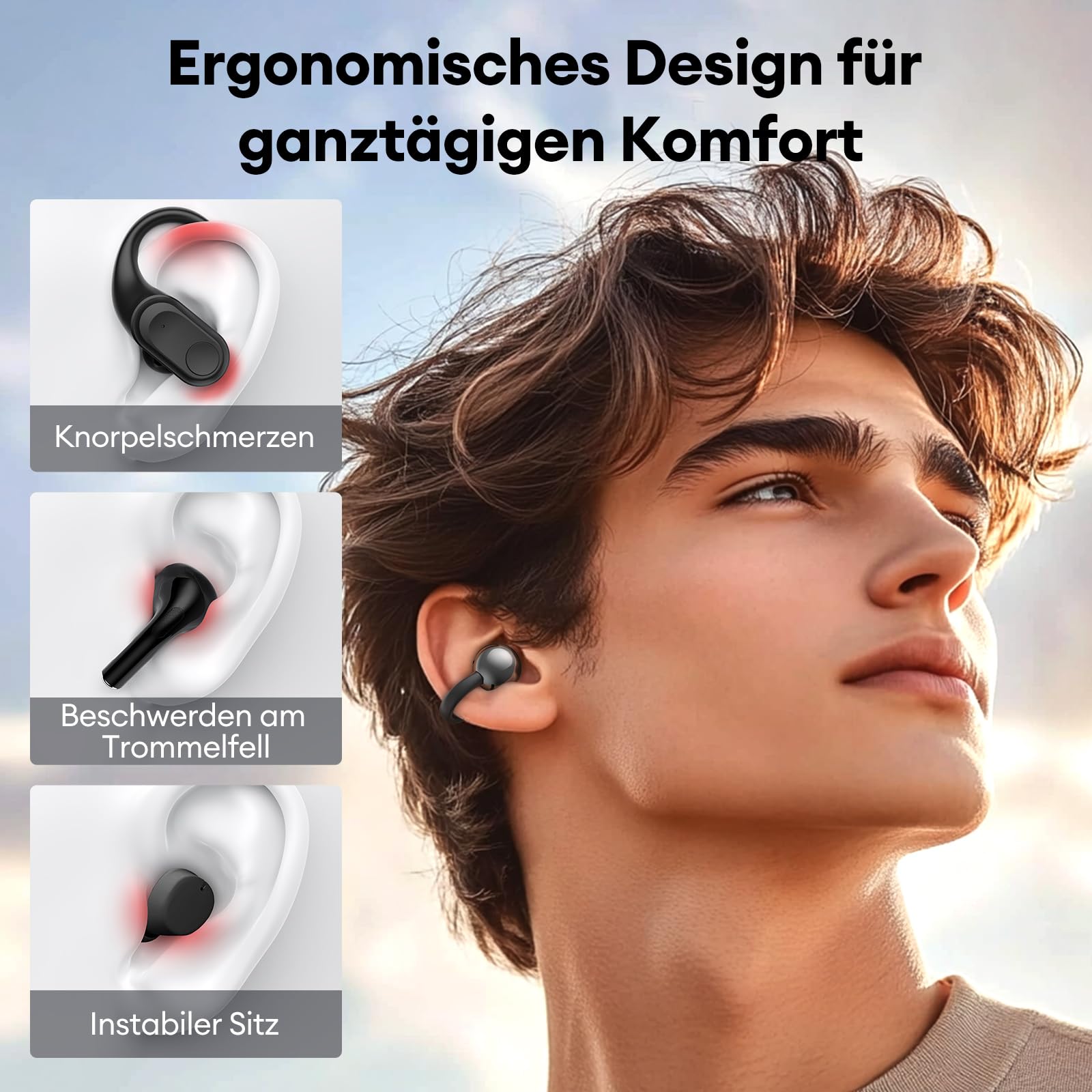 Clip On Kopfhörer Open Ear Kopfhörer Kabellos Bluetooth 5.4 mit Intelligentem Touchscreen 4.1g Leichtgewicht Kopfhörer Sport, 60 Std Wireless Earbuds für Fitness, Laufen, Büro, M100 Schwarz