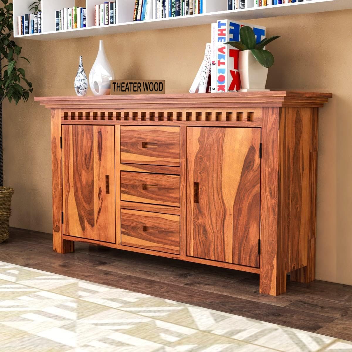 THEATER WOOD Solid Sheesham Wood Sideboard and Cabinets | Wooden Side Board Media Console Tv Cabinet for Living Room | Free Standing Cabinet with 3 Drawers & 2 Door Cabinet Storage | Natural Finish-image-47