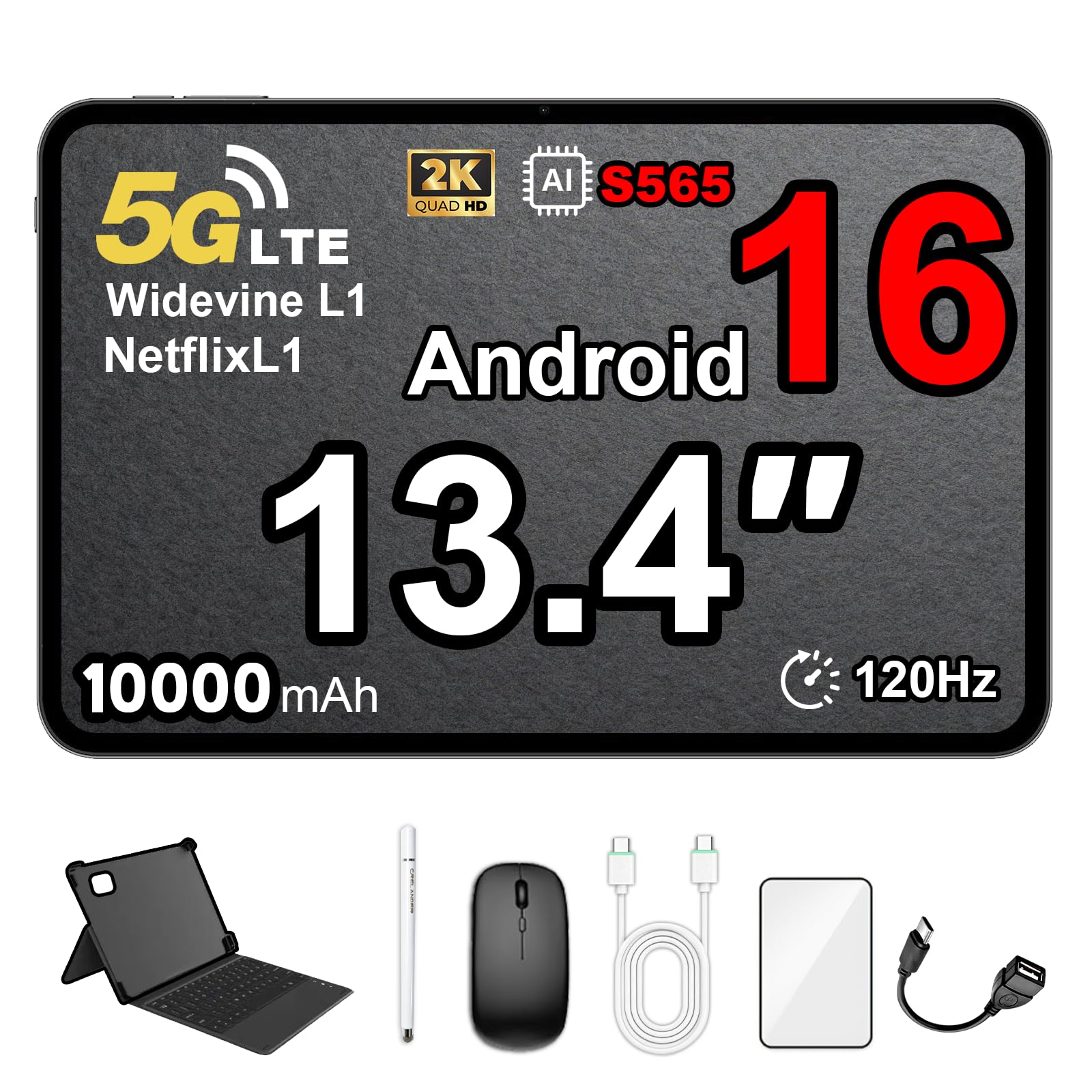 Tablette 13,4" Android 16 avec emplacement pour carte SIM 4G/5G LTE Calling, écran 120 Hz, 32 Go + 256 Go, 10 000 mAh, S565 2,9 GHz, double caméra, lot avec étui de protection, clavier, souris et