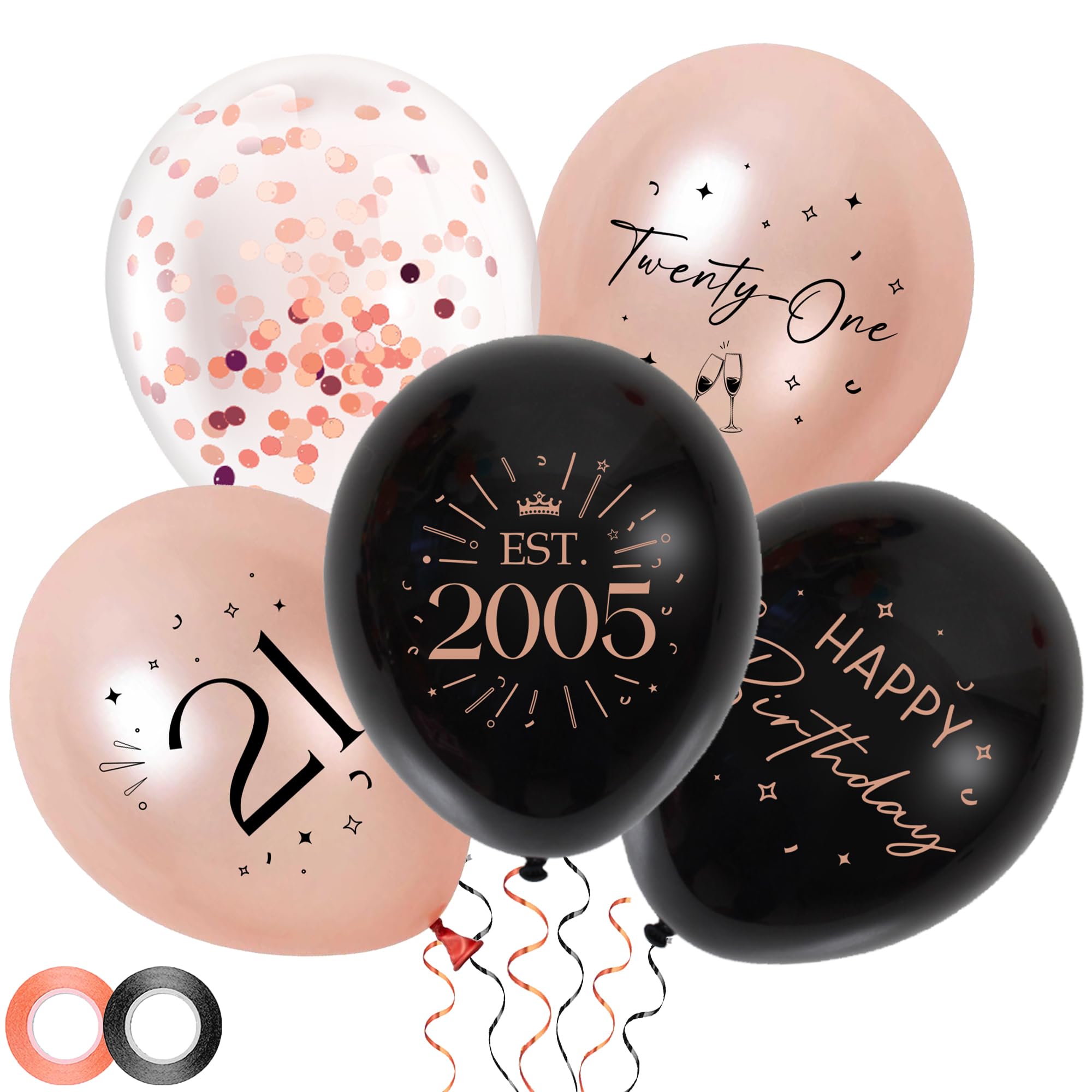 21st Birthday Decorations Party Balloons - 30pcs Black Rose Gold 21 Balloons for Her, Twenty-One Latex Balloon with Ribbon for 21 Year Old Party