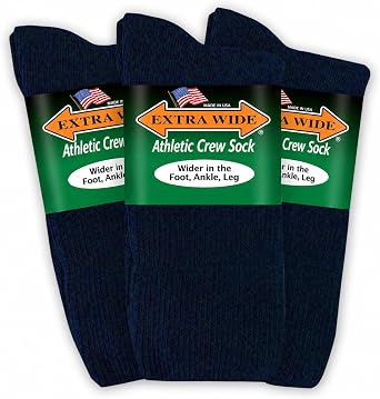 Extra Wide Athletic Crew Socks - 3 Pack, Up to 6E, Non-Binding, Made in USA
