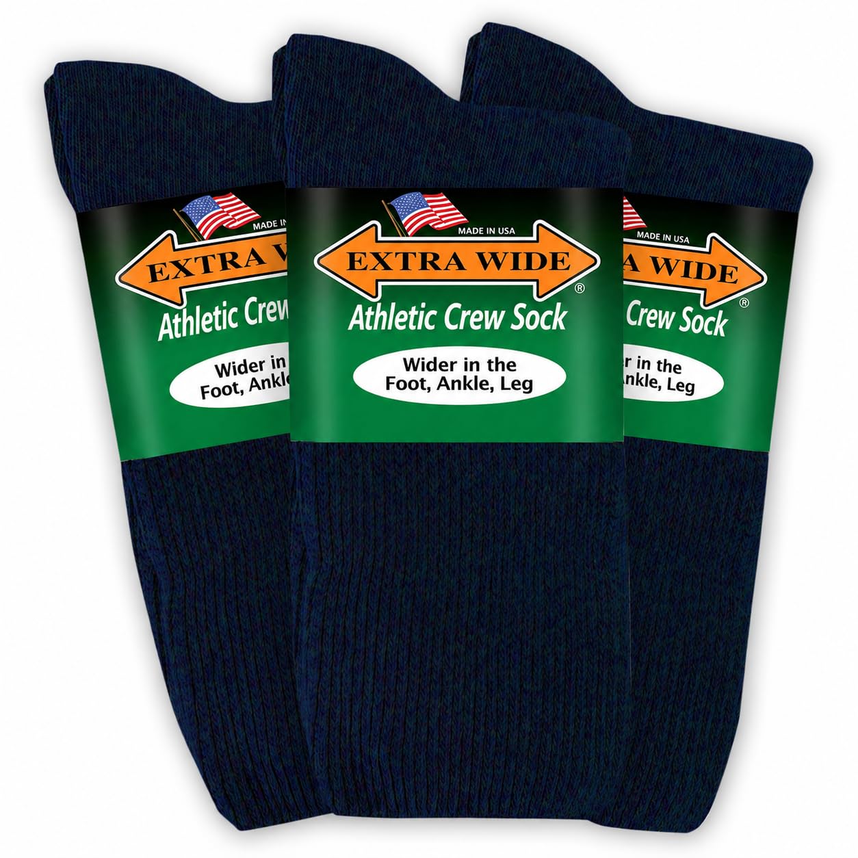 Extra Wide Athletic Crew Socks - 3 Pack, Up to 6E, Non-Binding, Made in USA