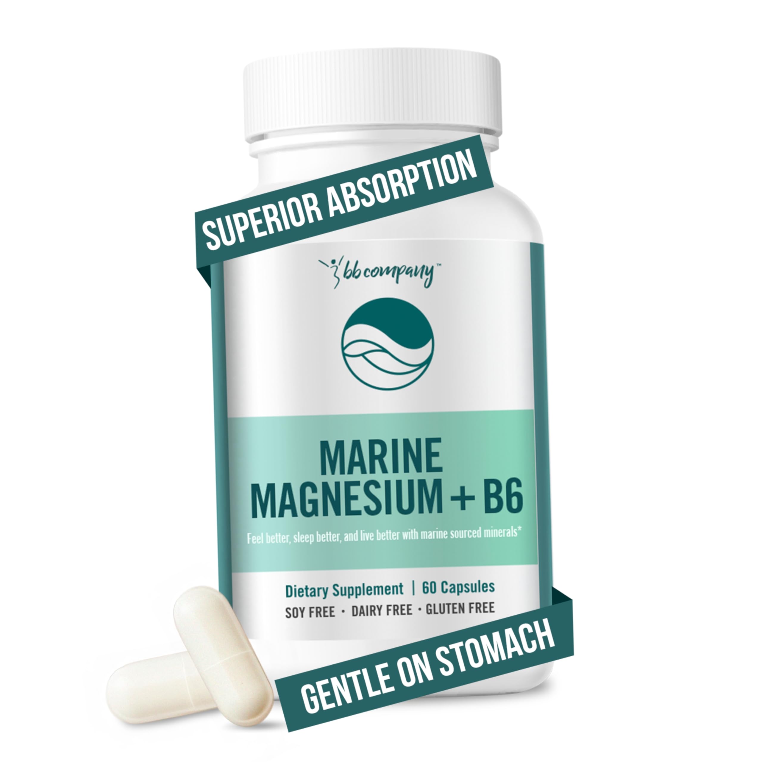 Ocean Magnesium 200mg Aquamin | More Soluble Than Magnesium Glycinate | Whole Food Mag B6 Supplement for Women | Gentle on Stomach & Vegan | Sleep Support, Calms Nerves & Leg Cramps | 60 Ct