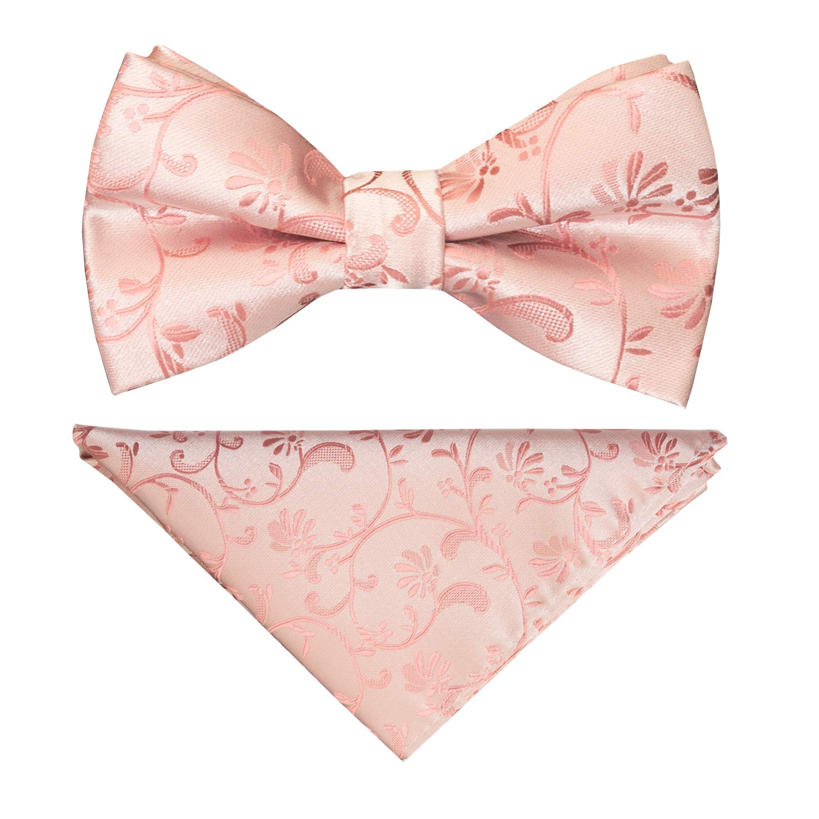 Ties R Us Men's Pink Rose Gold Floral Handmade Bow Tie And Pocket Square Set