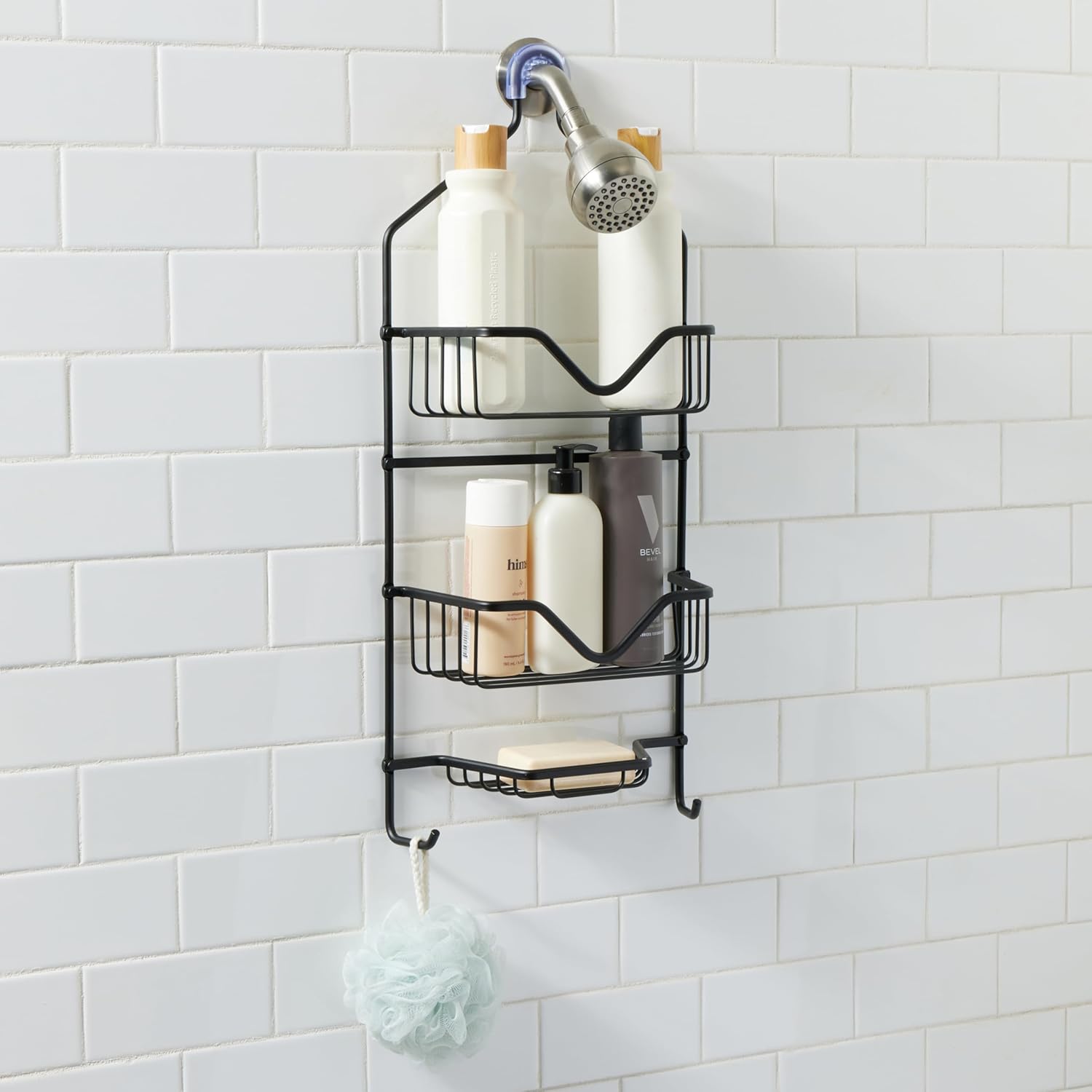 Bath Bliss 3 Tier Aluminum Shower Caddy | 2 Shelves | 1 Soap Dish | 2 Razor Hooks | Bathroom Storage | Holds Large Bottles | Black