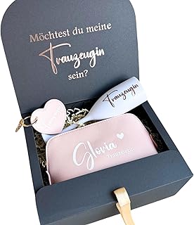 Geschenkschachtel „Möchtest du meine Trauzeugin sein?" | personalisierte Geschenkbox | Kosmetiktasche und Sektglas | Geschenk Trauzeugin fragen
